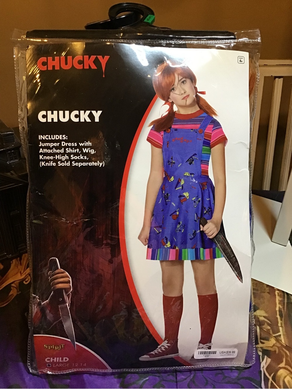 Chucky girls costume size large 12-14 missing the socks